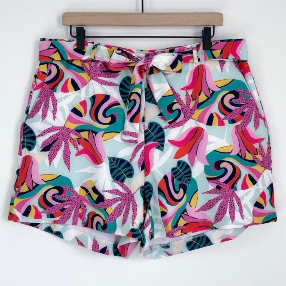 Isle By Melis Kazan XL Pink Tropical Resort Floral Belted A-Line Soft Shorts NWT